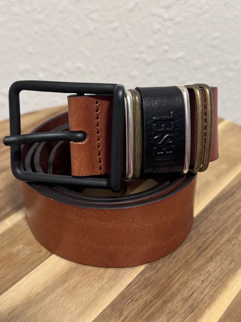 DIESEL Caramel Tan Cowhide Leather Belt TriTone Buckle US38 EU95